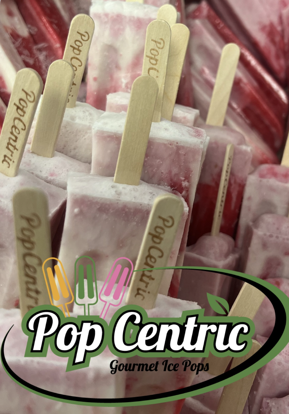 Stack of strawberry cream PopCentric pops with branded wooden sticks and logo overlay