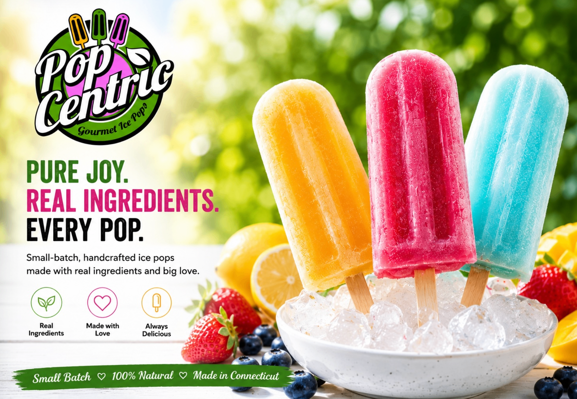 PopCentric Pure Joy banner with orange, pink, and blue gourmet ice pops