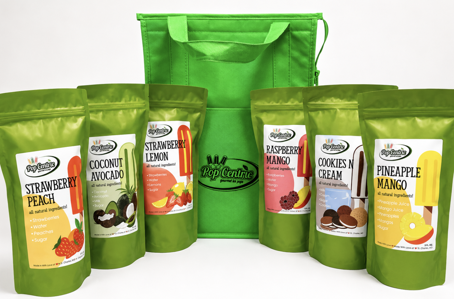 PopCentric To Go insulated tote with assorted flavor pouches